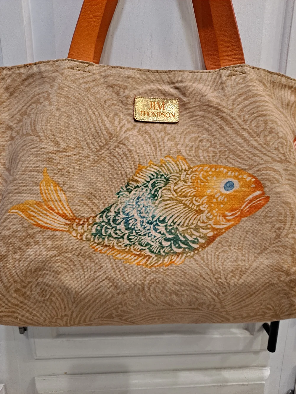 Jim Thompson Vintage 'Meena' Beige Orange Canvas Tote Iconic Barramundi Fish